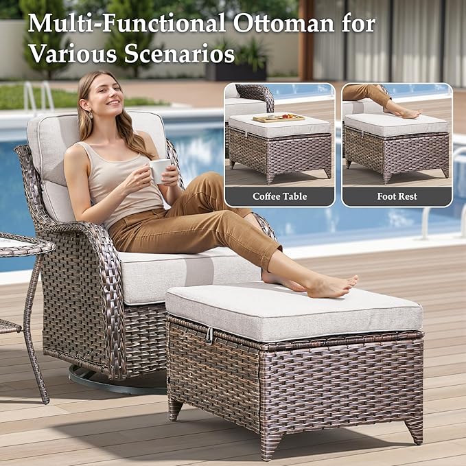 Luxury 6 Pieces Outdoor Patio Furniture Set-All Weather Wicker Outdoor Furniture with Swivel Rocker Patio Chairs 6-inch Extra Thick Cushions Wicker Conversation Set for Garden Porch(Brown/Beige)