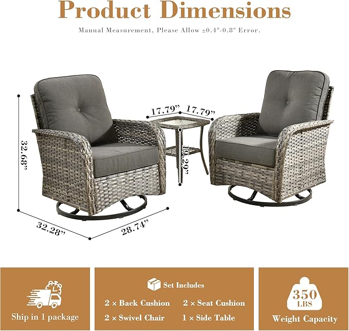 3 Pieces Patio Furniture Set, All-Weather Rattan Wicker Outdoor Furniture with Swivel Rocking Chairs and Side Table, High Back Conversation Set for Porch, Backyard, Balcony, Black