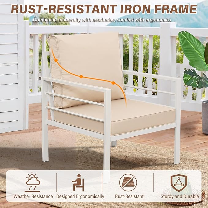 4-Piece Patio Furniture Set White Outdoor Metal Frame Sofa with High Backrest Seating Glass Coffee Table All-weather Metal Patio Conversation Set with Non-slip Cushions and Waterproof Covers, Khaki