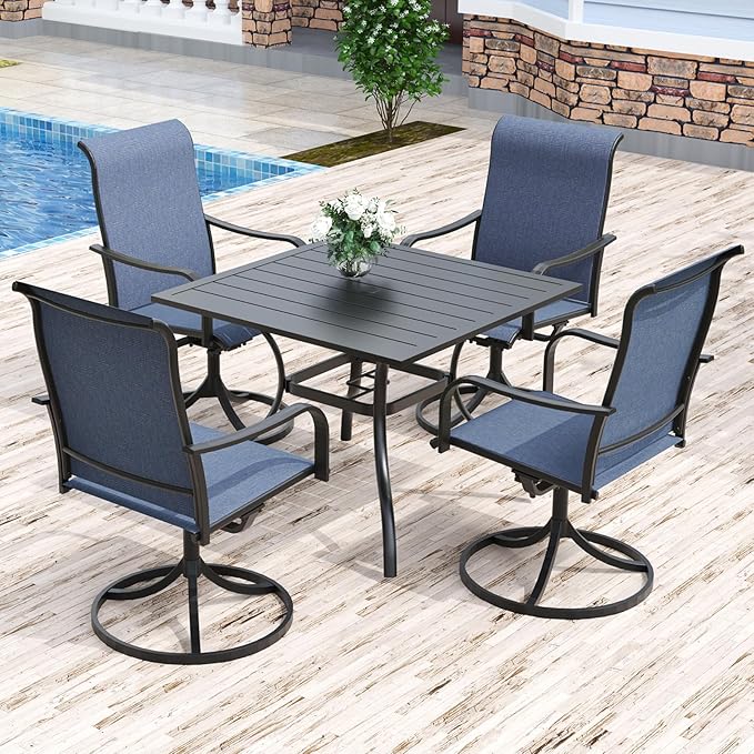Anmutig 5-Piece Outdoor Dining Set, 35" Square Table with 4 Swivel Chairs, All Weather Frame Furniture Set, Blue