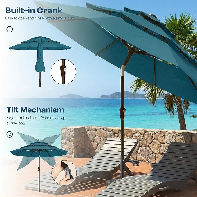 10ft Patio Umbrella, 3 Tier Outdoor Market Table Umbrellas with 8 Fiberglass Ribs and Push Button Tilt, Windproof, Vented Canopy, UV Protection for Deck, Pool, Backyard
