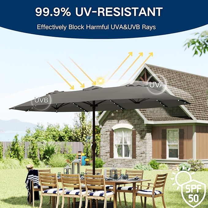 Large Patio Umbrella with Solar Lights and Base, Double-Sided Outdoor Rectangle Umbrella with 48 LED Lights, Market Table Umbrellas with UV Resistant Canopy