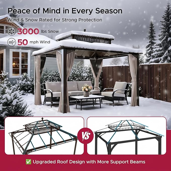 SUNJOY Kingston 12' x 10' Hardtop Gazebo with Galvanized Steel Double Roof, Curtain and Netting, Brown Aluminum Posts Permanent Pavilion Gazebo for Garden, Patio, Deck, Lawn