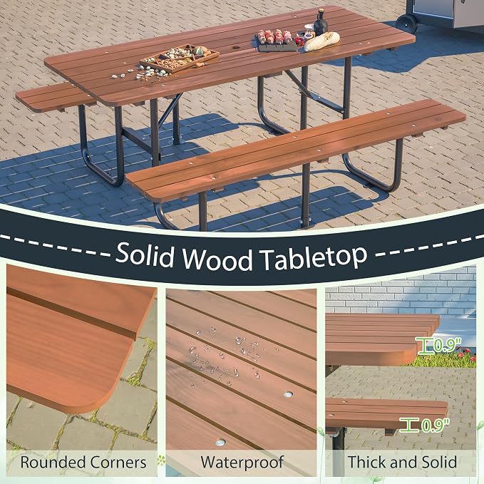72" Wooden Picnic Table, Picnic Table with Benches, Steel Frame with Umbrella Hole 1.97" for Patio Party Barbecue Party (Brown + Black, 72")