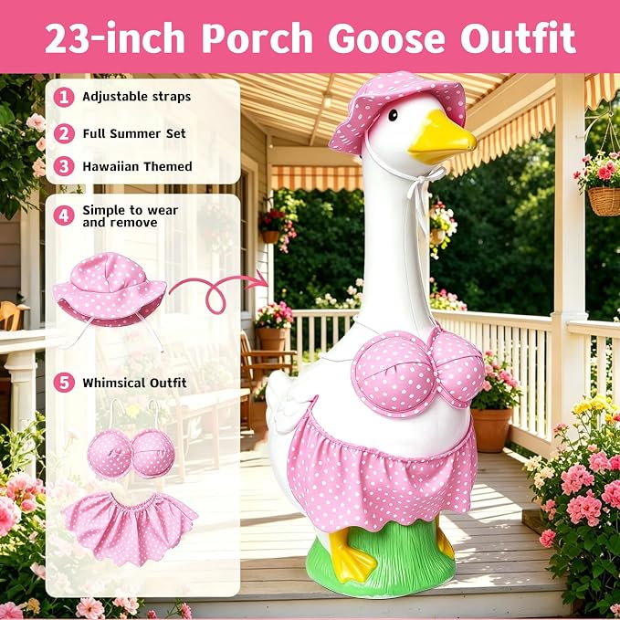 Porch Goose Summer Outfit, Porch Goose Clothes with Pink Polka Dot, for 23"/17" Lawn Goose Statue,Goose Clothes for Yard Goose