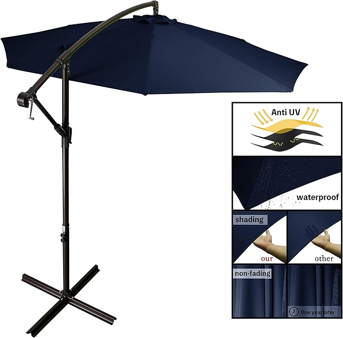 MEWAY 10ft Outdoor Umbrella Patio Offset Cantilever Umbrella, Hanging Umbrella with Crank & Cross Base, Market Umbrella UV Protection Waterproof for Deck Pool