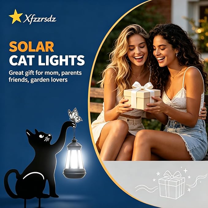 Black Cat Solar Lights Outdoor - Cat Lover Gifts for Mom Woman Grandma,Garden Decor with Butterfly Decorative Metal Stake Housewarming Ornament for Yard Pathway Lawn Patio