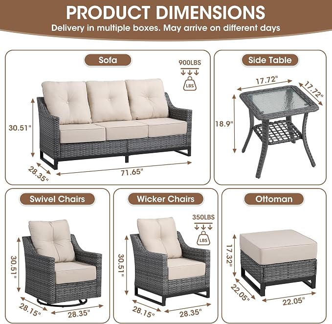 5 Piece Patio Furniture Set, Grey Wicker Outdoor Conversation Set with 2 Wicker Chairs, Side Table and 2 Ottomans, 6-Inch Thick Cushions, Beige Olefin Covers for Patio and Porch