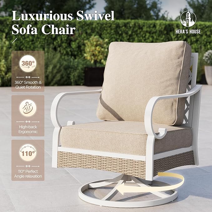 HERA'S HOUSE 5 Pieces Metal Patio Furniture Set, 7 Seats All Weather Outdoor Conversation Set, 3 Seat Sofa with Loveseat, 2 Swivel Chairs, Coffee Table for Backyard, Garden, Deck, White/Beige