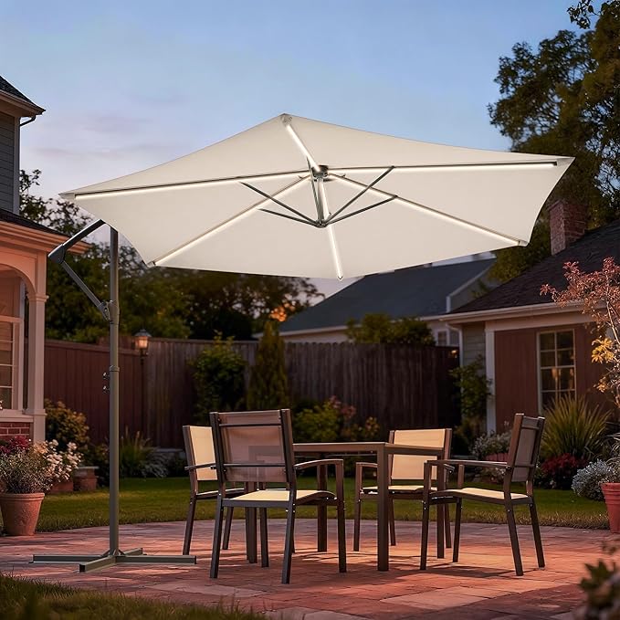 10ft Offset Patio Umbrella with Solar Light Strips,Outdoor Cantilever Hanging Umbrella with Cross Base, Fade Resistant Recycled Fabric, for Pool, Deck, Garden,Backyard,Beige