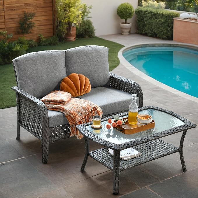 2 Pieces Wicker Patio Furniture Loveseat with Table - Outdoor Rattan Patio Bistro Set of 2,All-Weather PE Wicker Conversation Sofa High Back Deep Seating for Deck Porch Yard,Grey