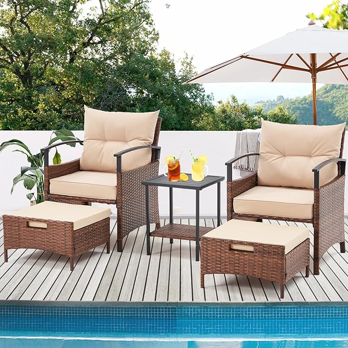 AVAWING 5 Pieces Patio Furniture Set, Outdoor Rattan Chairs with Metal Coffee Table, Ottomans & Soft Cushions, Wicker Conversation Bistro Set for Garden, Deck, Balcony, Poolside(Beige)