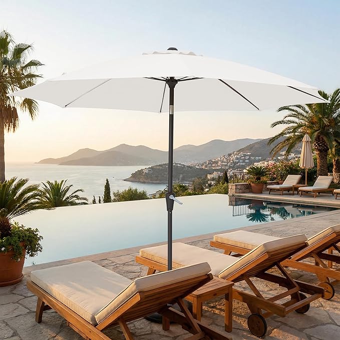 JEAREY 9FT Outdoor Patio Umbrella,Market Table Umbrella with 8 Fiberglass Ribs, Pool Umbrella with Tilt and Crank, UV Protection Lightweight & Wind-Resistant for Lawn, Garden, Deck and Backyard, Cream White