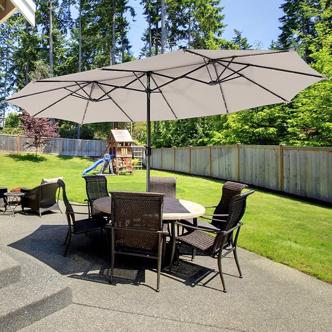 Giantex 15 FT Double Patio Umbrellas with 48 Solar LED Lights, Auto-Charging Panel, Crank System, Outdoor Extra-Large Rectangle Market Table Umbrella for Garden Deck Backyard Beach Pool