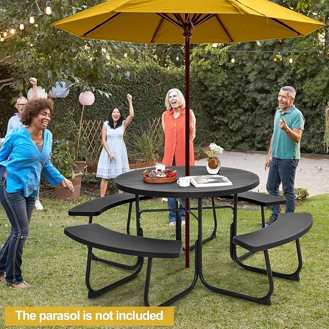 Round Picnic Table for Outdoors, 8 Person Outdoor Picnic Tables & Benches Set with Umbrella Hole, HDPE Tabletop & Metal Frame, 2000 LBS Capacity Table Bench Set for BBQ, Garden, Lawn, Patio