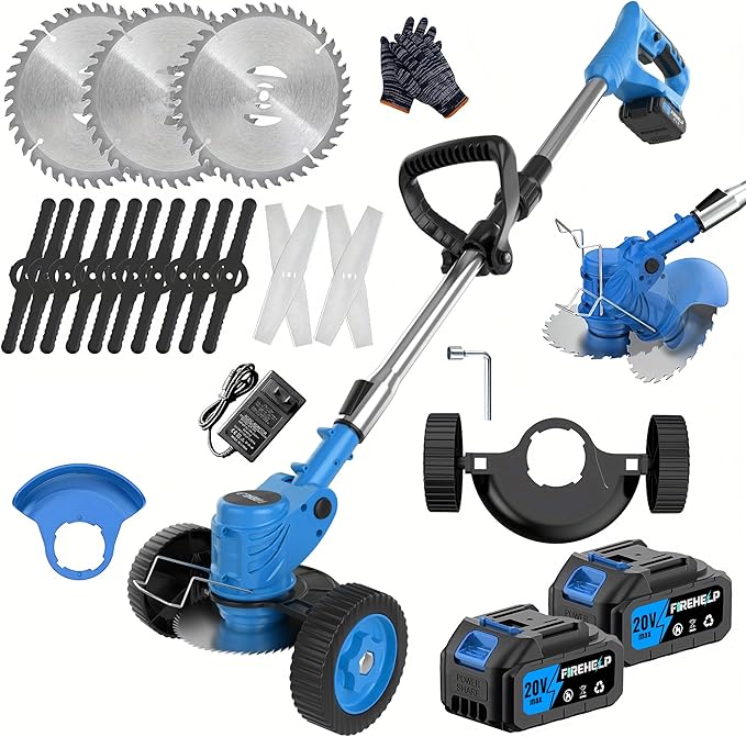 Firenheip Cordless Lawn Mower, Portable Wireless Grass TrimmerWith 2 Large Batteries & 3 Blades, Suitable for All lawns. (Teal Blue)