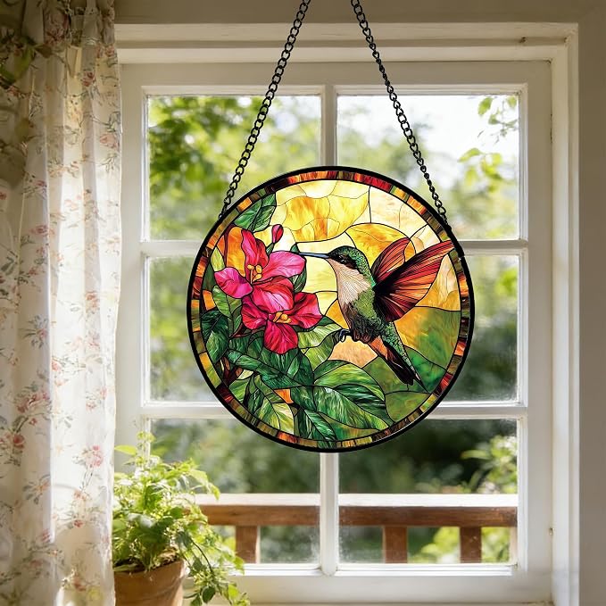 Stained Glass Suncatcher, Hummingbird Red Flowers Green Leaves Sun Catcher Stain Glass Window Hanging Decoration Mother's Day Birthday Gifts for Bird Lover Women Men Mom Nana 7.8 in