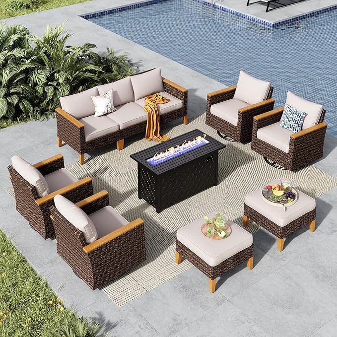 MFSTUDIO 10 Piece Wicker Patio Furniture Sets with Fire Pit Table, 4 x Swivel Sofa, 2 x Ottoman, 3-Seat Sofa, All-Weather PE Rattan Patio Conversation Set Outdoor Sectional Sofas(Beige Cushions)