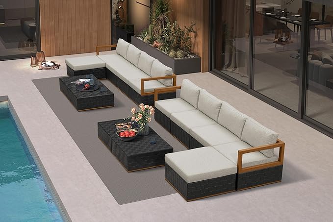 PURPLE LEAF Patio Outdoor Furniture Set 14 Pieces, Premium Leather Outdoor Couch Sectional Sofa, L-Shaped Patio Conversation Sets with Olefin Cushions, Patio Couch for Porch, Balcony, Garden, Black