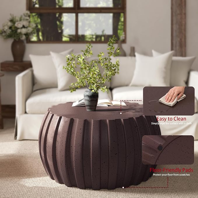 35.43" Indoor Round Coffee Table, Waterproof Coffee Table Modern MgO Cement Design End Tables for Living Room, Outdoor Patio Coffee Tables for Garden, Backyard, Balcony, Brown
