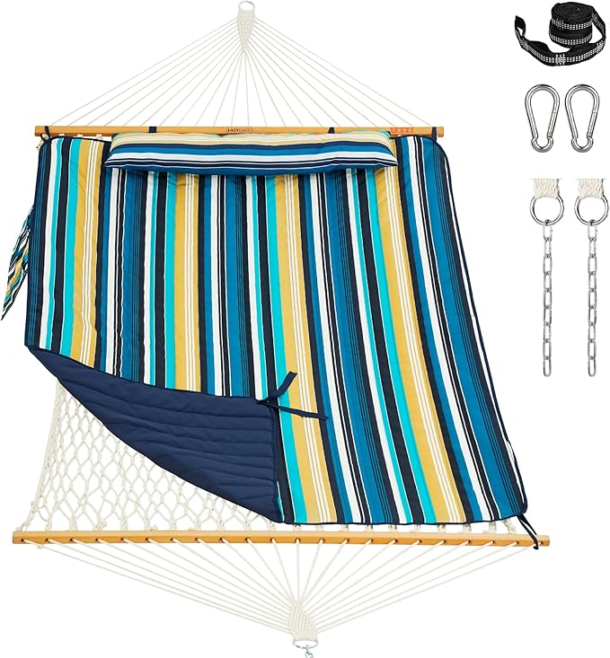 Lazy Daze Hammocks Rope Hammock with Pad, Spreader Bar, Carabiners, Tree Straps, Chains for Outside Patio- Max 450 Lbs, Beach Stripes