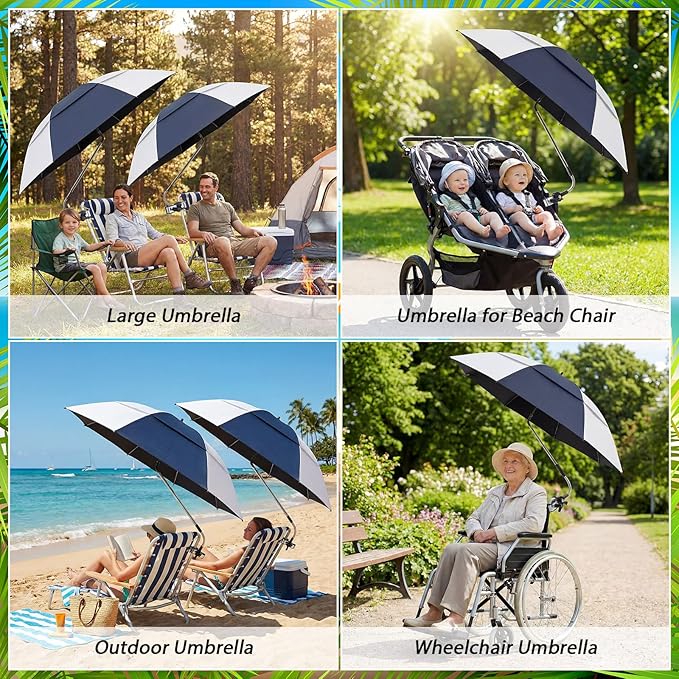 Abbylike 2 Pack 48.6" Double Canopy Umbrella with Clamp UPF50+ Beach Chair Umbrella with Clip 360°adjustable Portable Outdoor Wheelchair Patio Golf Carts Camping