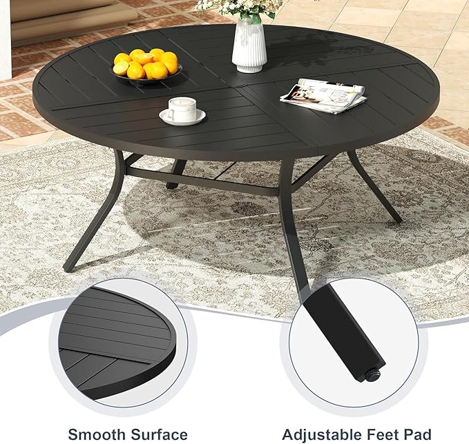 VICLLAX 9 Pieces Patio Outdoor Dining Set, 53" Round Metal Table with Umbrella Hole and 8 Stackable Textilene Chairs for Patio, Lawn, Garden, Porch, Black/Brown