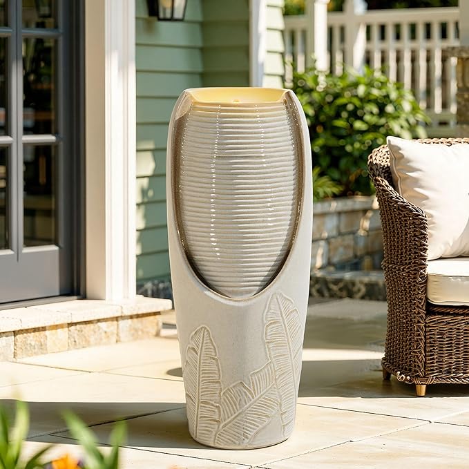 32" H Outdoor Garden Fountain with LED Lights, Modern Ceramic Jar Water Fountain, 3D Tropical Leaf Pattern, Beige Glaze, Soothing Cascading Waterfall for Relaxing Patio, Yard, Porch
