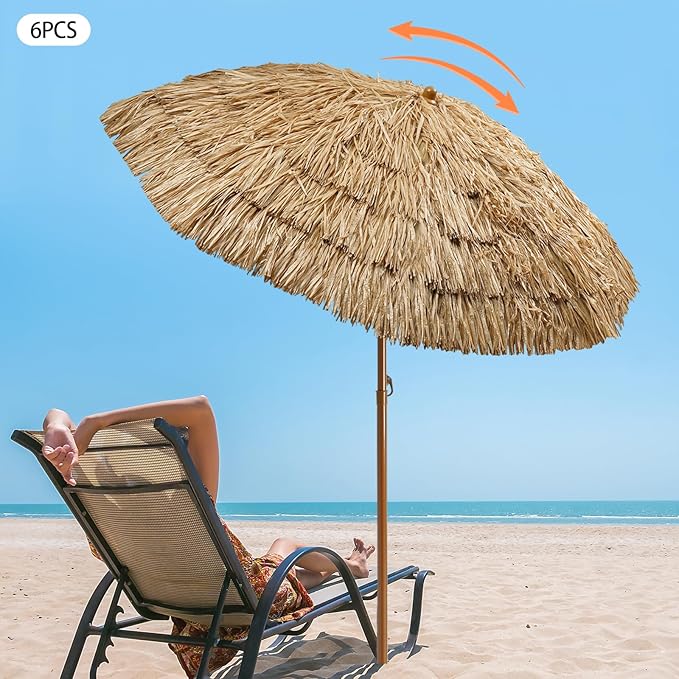 5.3Ft Thatched Tiki Patio Beach Umbrella,6PCS Hawaiian Style Hula Thatched Tiki Beach Umbrella for Poolside,Camping,Backyard,Picnic,Lawn