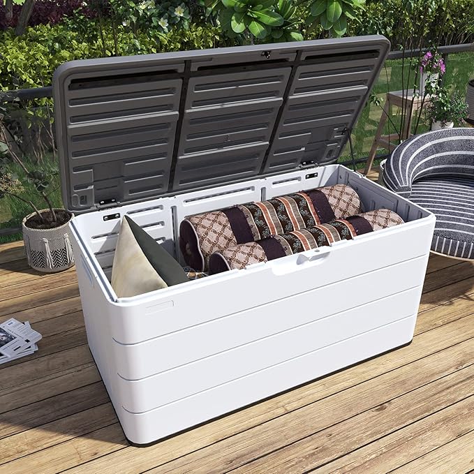Mrosaa 110 Gallon Outdoor Deck Box, Outside Storage Box Waterproof for Cushion Storage, Garden Tools, Lockable Outdoor Storage Bin, Light Beige