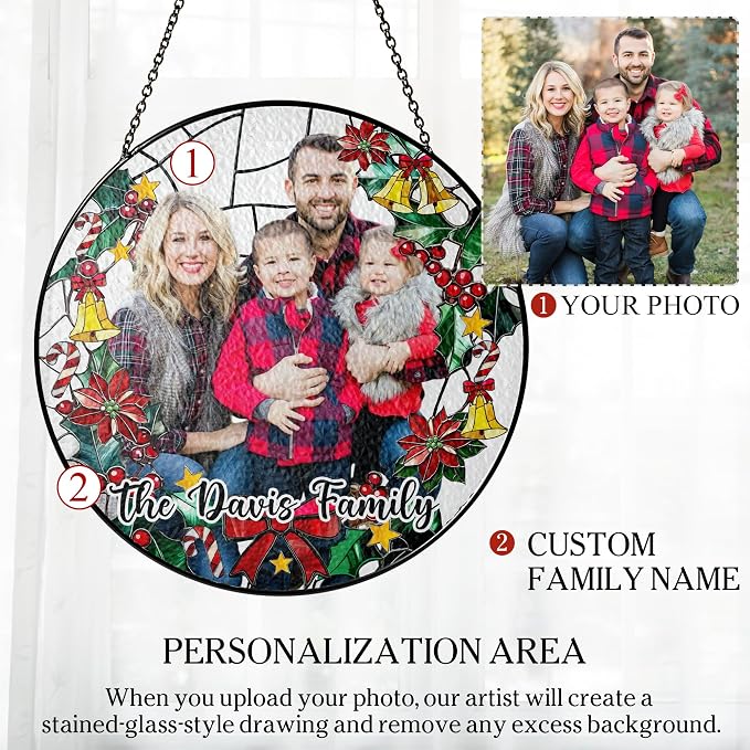 Personalized Stained Glass Christmas Suncatcher – Custom Family Photo Window Decor – First from Mom and Dad – Festive Holiday Ornament Keepsake