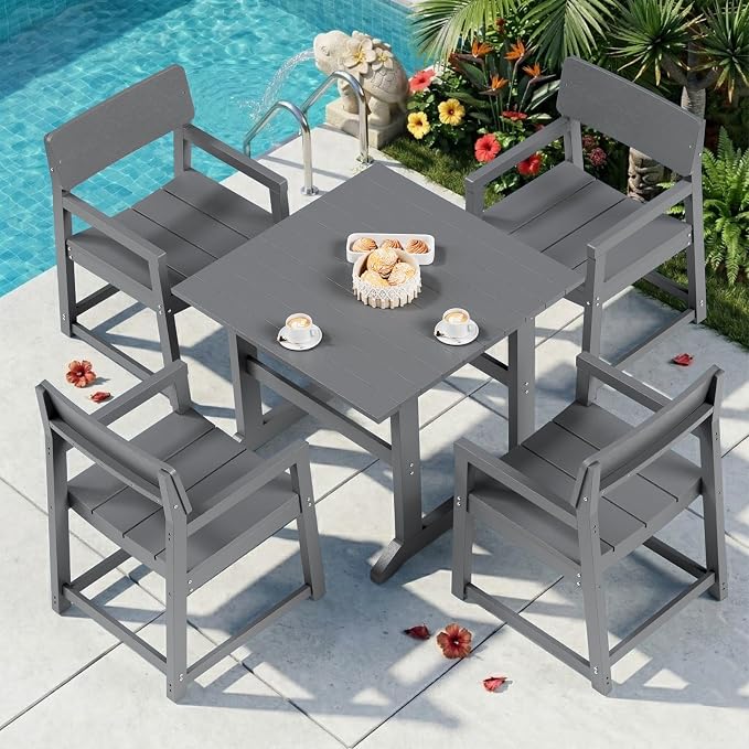JAMFLY 5 Piece Outdoor Dining Set, All Weather Patio Table and Chairs for Backyard Garden Deck Lawn Pool, Sturdy All Weather Outdoor Furniture Set, Grey
