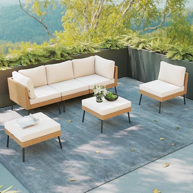Aoxun 6 Piece Patio Furniture Set, 6 Seats Outdoor Sectional Sofas with Thick Cushion, Wicker Outdoor Patio Furniture Set with Ottomans for Party, Garden, Backyard, Beige