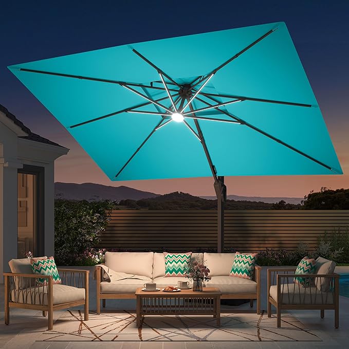 9' X 12' Patio Umbrella with Weighted Base and LED Lights Outdoor Cantilever Large Rectangle Offset Umbrellas Heavy Duty Aluminum Double Top with 360-degree Rotation for Pool Garden Deck, Turquoise
