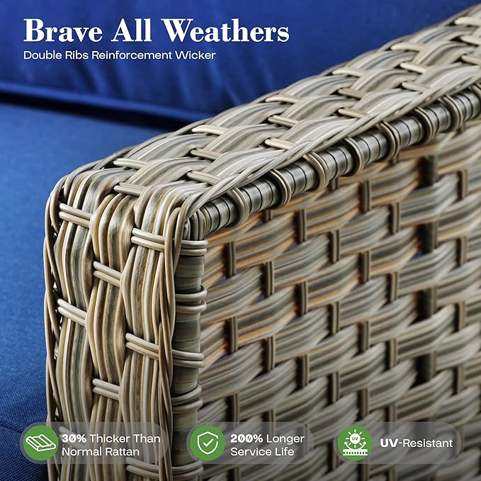 ovios 6 Piece Outdoor Patio Furniture with 3 Seat Sofa,Rattan Wicker Coversation Set with High Back,Sectional Single Sofa with Ottoman for Outside Porch Balcony Backyard Pool, Navy Blue