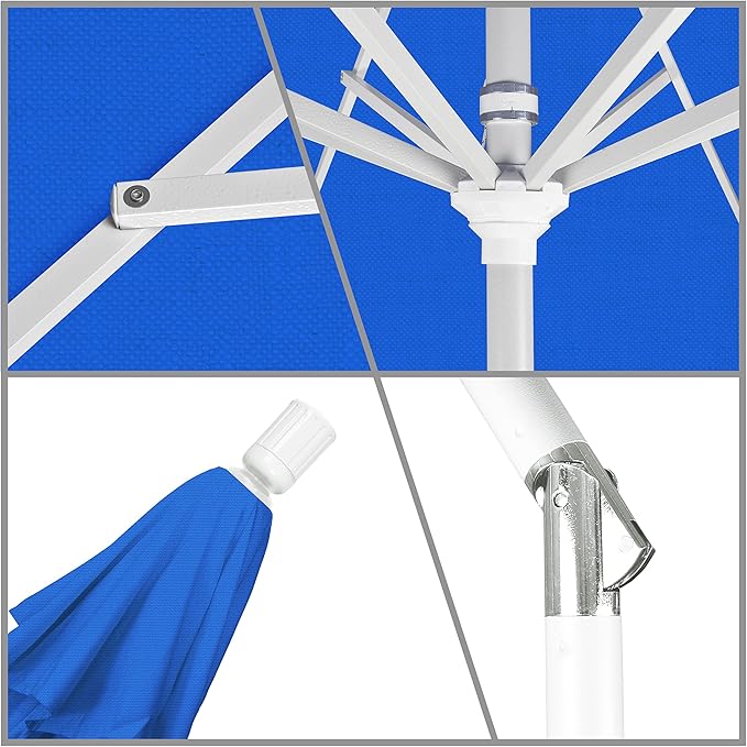 California Umbrella 9' Round Aluminum Market Umbrella, Crank Lift, Collar Tilt, White Pole, Royal Blue Olefin