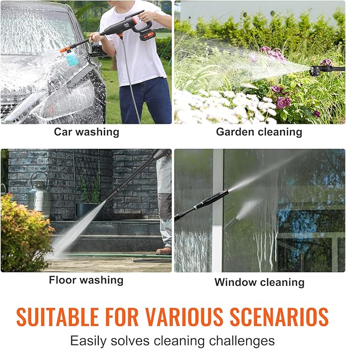 VEVOR Cordless Pressure Washer, 580-PSI 1.1 GPM Portable Power Cleaner, Handheld High-Pressure Car Washer Gun with 4.0Ah Battery, Charger, 6-in-1 Nozzle, for Home/Floor Cleaning & Watering
