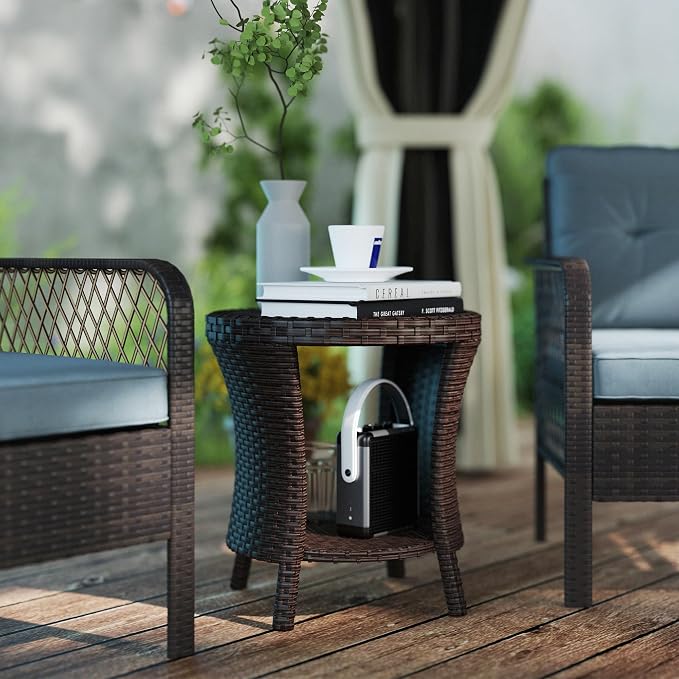 Outsunny 18" Outdoor Wicker Coffee Table, 2-Tier Patio Side Table with Storage, PE Rattan End Table with Composite Wood Top, Steel Frame for Garden Backyard Balcony, Mixed Brown