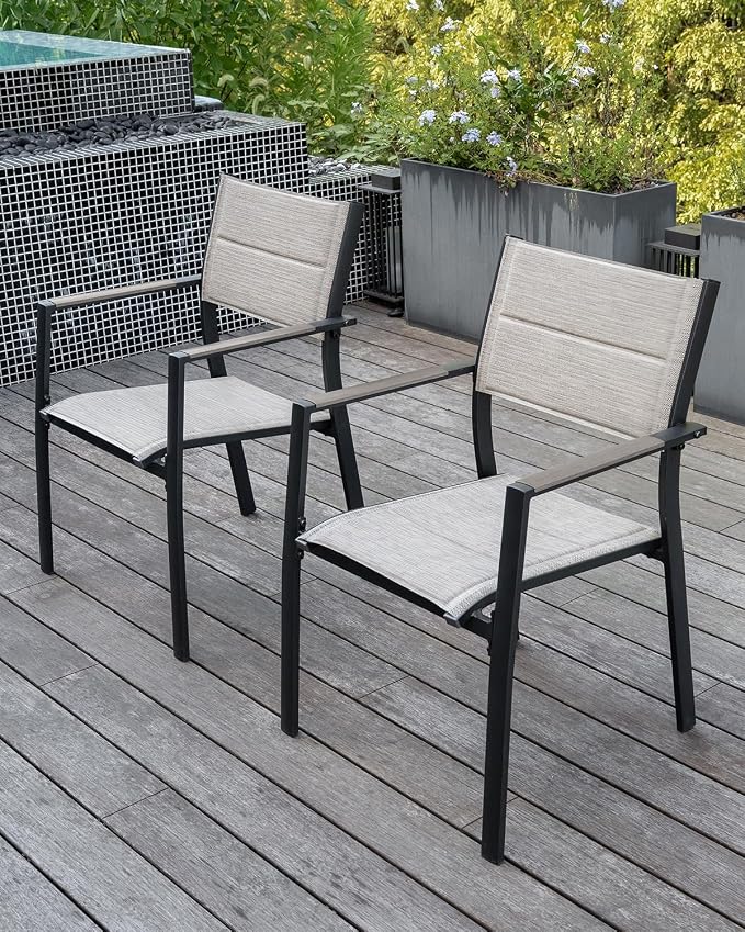 2-Piece Patio Stackable Dining Chairs, Never-Rust Aluminum Outdoor Stackable Patio Chairs, Outdoor Dining Chair Set of 2 with Double-Layer Thickened Textilene for Deck, Garden, Pool, Limed Oak