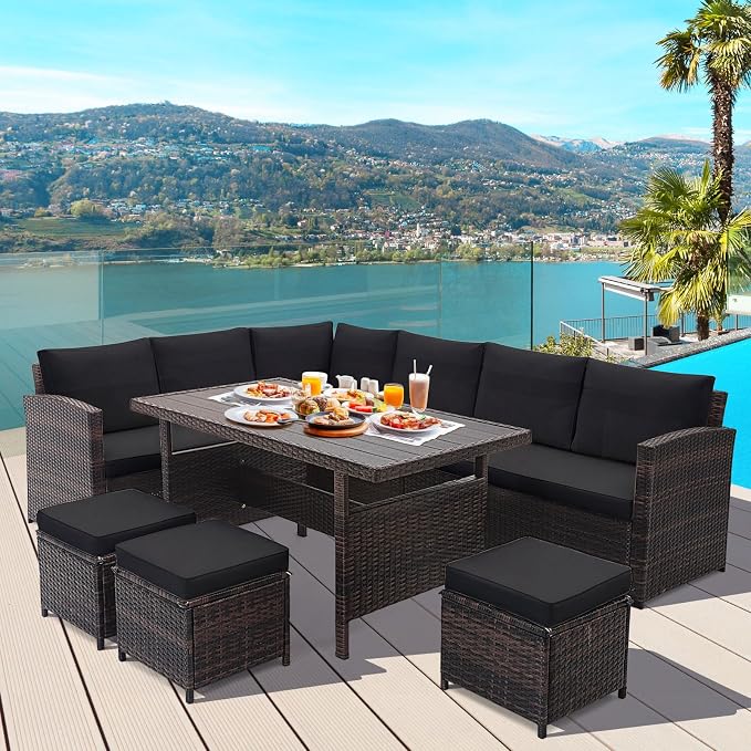 Tangkula 7 Pieces Wicker Patio Furniture Set, Wicker Conversation Set | Outdoor Sect with Coffee Table, Ottomans & White Cushions, Sectional Conversation Sofa Set for Porch, Poolside, Balcony, Yard