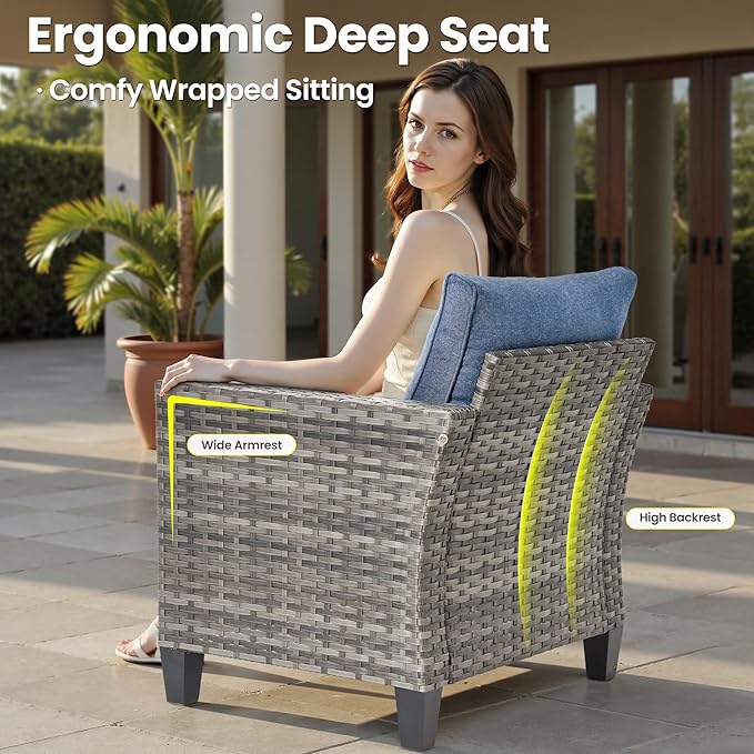 ovios 4 Pieces Patio Furniture Set, Outdoor Wicker Rattan Sofa Couch with Loveseat, Chairs, Glass Coffee Table, Conversation Sets for Yard Porch Garden, Denim Blue