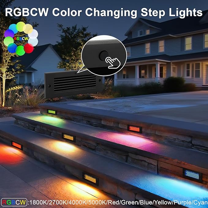 Low Voltage Step Lights, RGBCW, 5W, 8.7 Inch, Black, 12V LED RGB Color Changing for Wired Low Voltage Landscape Lighting of Outdoor Deck Stair Step Fence, Concrete, Surface Mount, ETL, 1PK