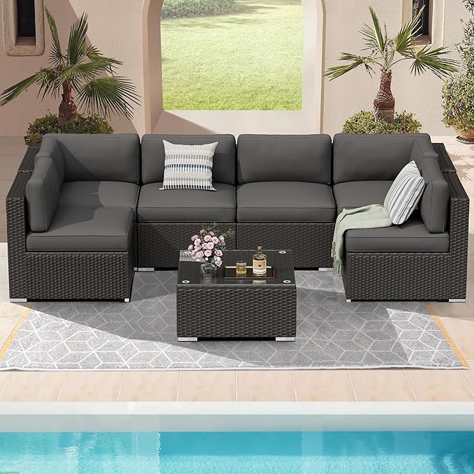 7 Pieces Outdoor Patio Furniture Set, Black Brown Wicker Patio Sectional Sofa Set, Outdoor Couch with Cushion and Tempered Glass Table, Grey