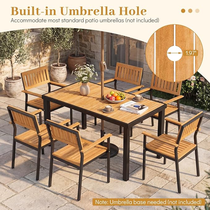 Byroce 58" x 27" Rectangular Acacia Wood Outdoor Dining Table with Umbrella Hole & Black Metal Frame for Patio, Garden & Restaurant, Natural