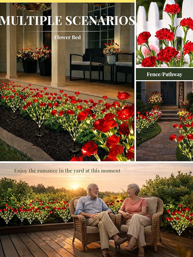 GIGALUMI Solar Lights Outdoor for Garden Decor, 4 Pack Solar Flower Lights Waterproof, 2 Lighting Modes 28 Carnations for Pathway,Yard, Patio Decoration, Gardening Gifts for Women (Red)