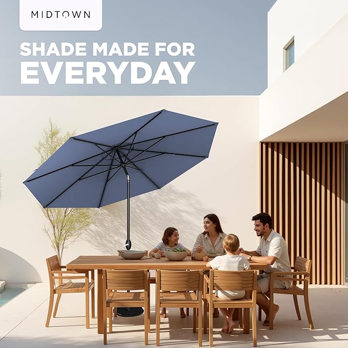 Midtown Umbrellas 10-Year-No-Fade - 9 Ft - UV Proof Light Navy Polyester Fabric - Umbrella Outdoor Patio, Auto-Tilt Aluminum Frame Patio Umbrella for Garden, Pool & Deck - Black Pole