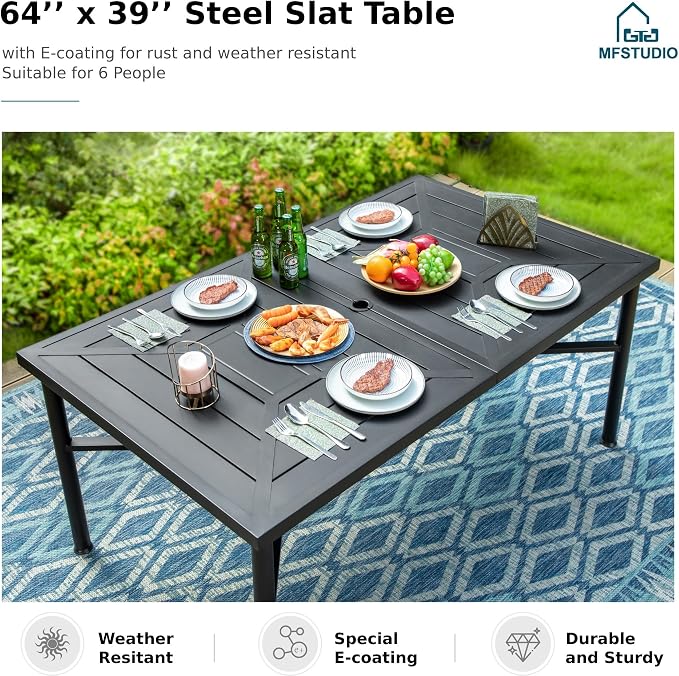 MFSTUDIO Outdoor Dining Set for 6, Metal Patio Table and Chairs Set with Umbrella Hole, 7 Piece Outdoor Patio Furniture Set for Deck Backyard Poolside Garden
