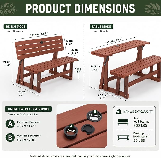 KEIKI 2-in-1 Convertible Wood Picnic Table & Bench with Umbrella Hole | 2-in-1 folding bench and picnic table with umbrella hole, solid wood frame, 500 lb bench capacity
