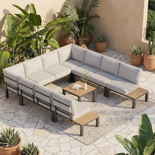 ZANDOR Aluminum Outdoor Patio Furniture Set, 8 Pieces Movable Backrest Modular Sectional Sofa Set, Metal Conversation Set with 4-inch Thick Cushion for Garden Backyard Porch, Grey
