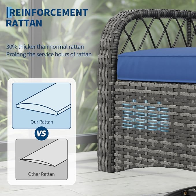 IDEALHOUSE 3-Piece Outdoor Patio Furniture Set, Wicker Swivel Rocking Chairs with Thick Cushions and Glass Coffee Table, Backyard & Garden Bistro Rocker Set, Grey+Blue Cushion